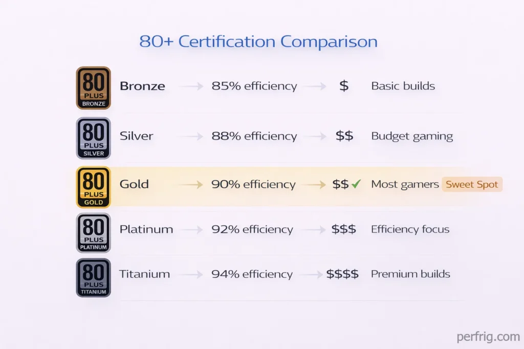 80+ certification comparison table showing efficiency ratings from Bronze to Titanium with Gold as sweet spot