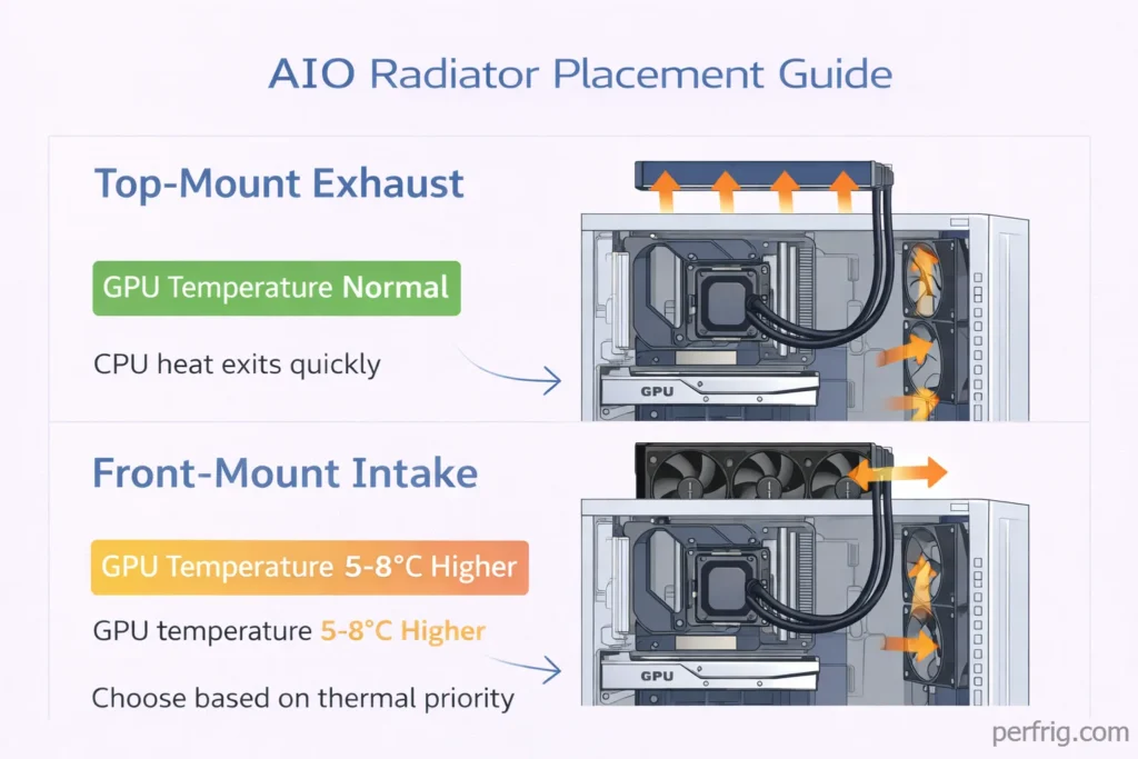 AIO radiator placement showing top-mount exhaust vs front-mount intake thermal impact
