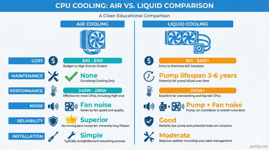 Air cooling vs liquid cooling comparison showing cost, maintenance, performance, and reliability