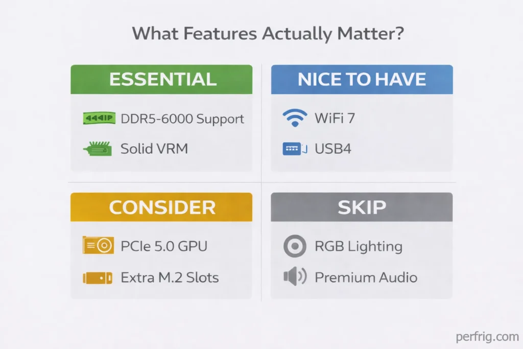 Feature priority matrix showing which AM5 motherboard features are essential versus nice-to-have for gaming builds