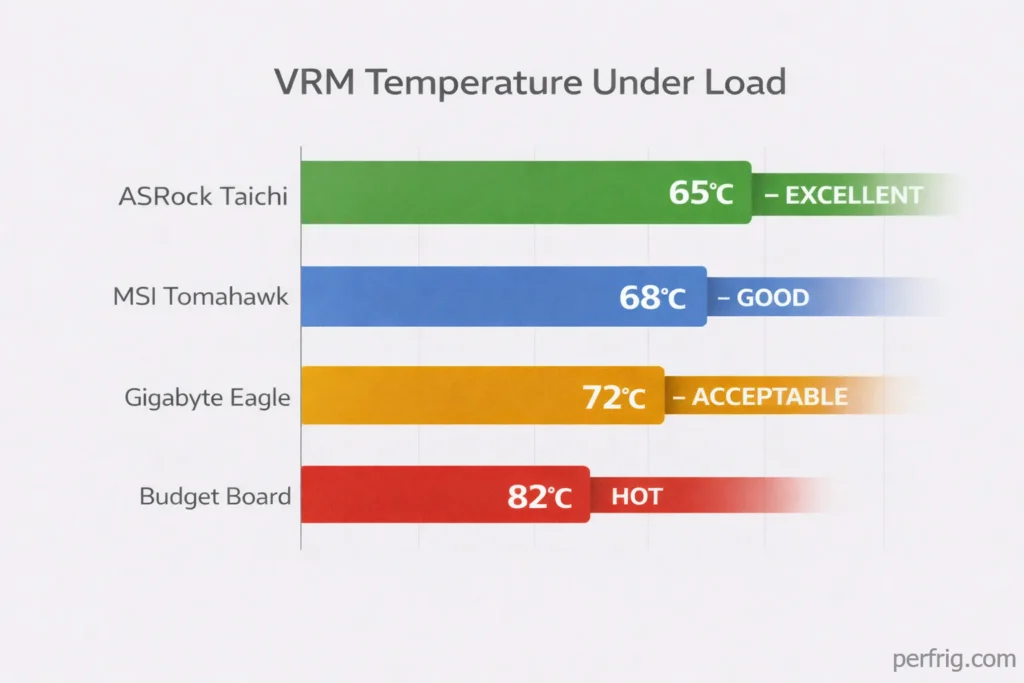 VRM temperature comparison showing thermal performance of different AM5 motherboards under sustained CPU load