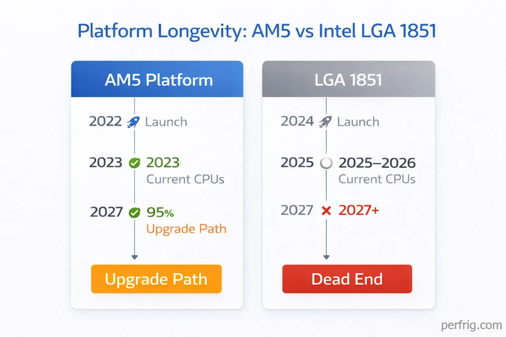 Platform comparison showing AMD AM5 long-term support versus Intel LGA 1851 dead-end socket