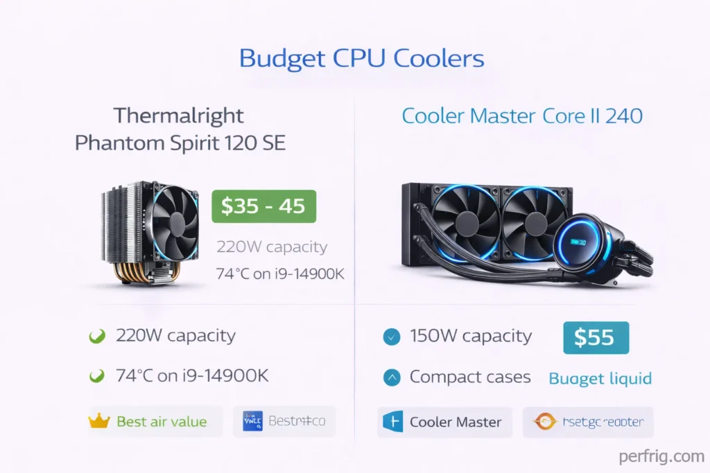 Best budget CPU coolers under $60 comparing Thermalright Phantom Spirit and Cooler Master Core II