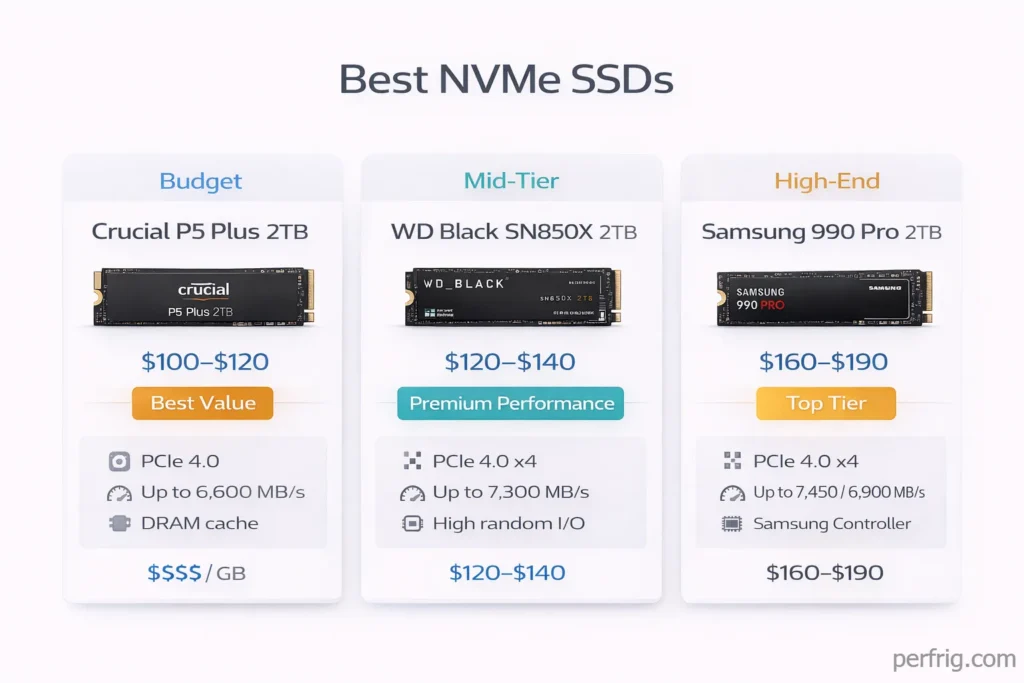 Best NVMe SSD recommendations by budget tier showing value, premium, and top-tier options