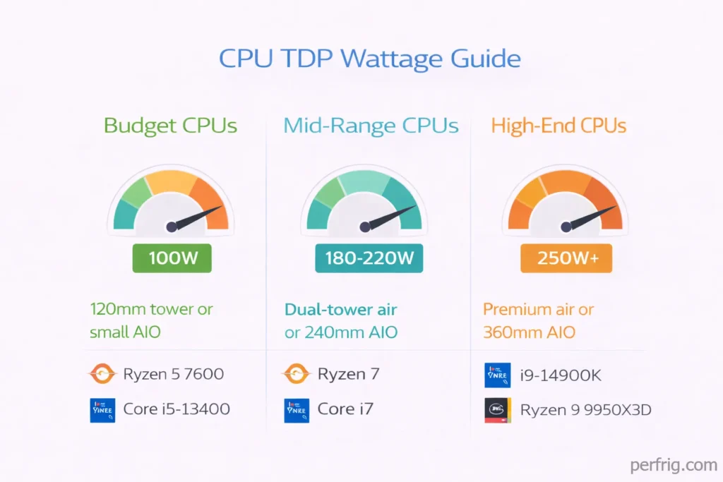 CPU TDP wattage guide showing cooler requirements from budget to high-end processors