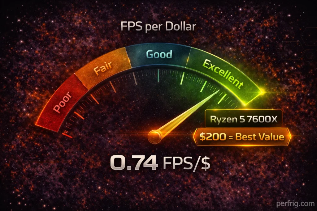 Value meter showing AMD Ryzen 5 7600X delivering best FPS per dollar ratio in budget CPU category