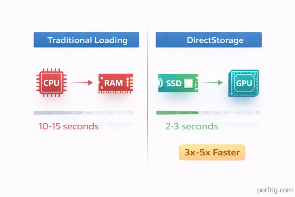 DirectStorage API loading comparison showing 3-5x faster load times versus traditional CPU-based loading