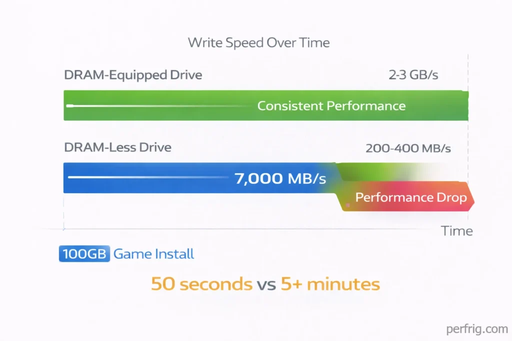 DRAM cache performance showing consistent write speeds versus DRAM-less drive performance degradation