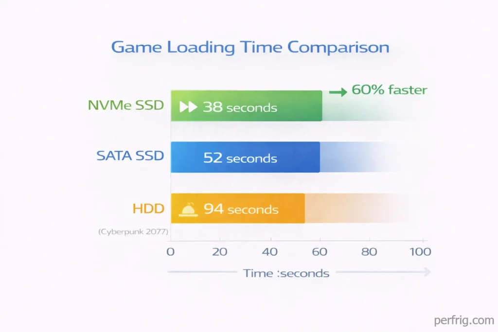 Storage loading time comparison showing NVMe SSD loads games 60% faster than HDD