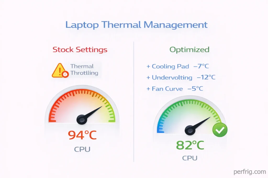 Thermal optimization showing temperature reduction from 94°C to 82°C with cooling solutions