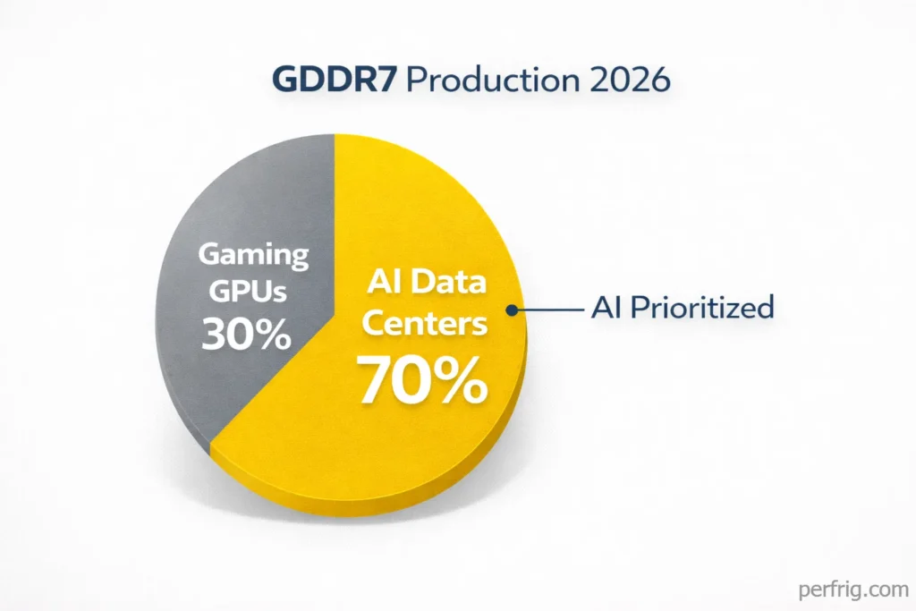 Pie chart showing AI data centers consuming 70% of GDDR7 memory production versus 30% for gaming