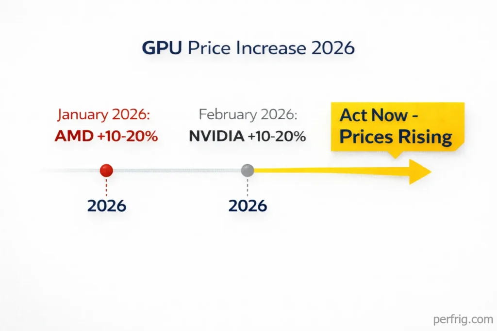 Timeline showing AMD GPU price increases in January 2026 followed by NVIDIA in February