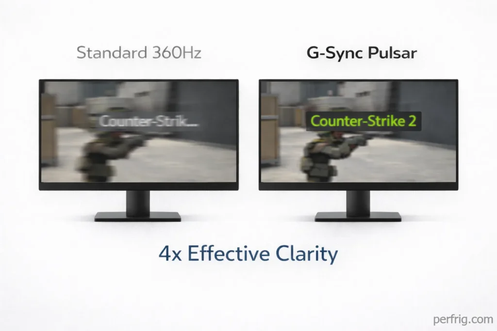 Motion blur comparison showing standard 360Hz monitor versus G-Sync Pulsar with 4x clarity improvement
