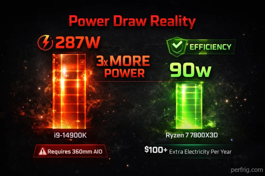 Power consumption comparison showing i9-14900K consuming 287W versus Ryzen 7 7800X3D at 90W under load