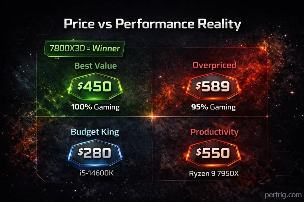 Value matrix comparing i9-14900K price and performance against Ryzen 7 7800X3D and other competitors