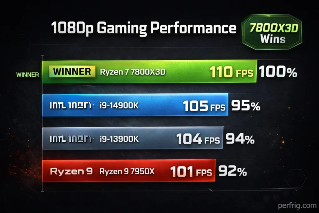 Gaming benchmark chart showing Ryzen 7 7800X3D leading i9-14900K by 5% at 1080p resolution