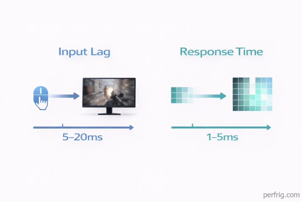 Diagram showing difference between input lag (5-20ms) and response time (1-5ms) in gaming monitors