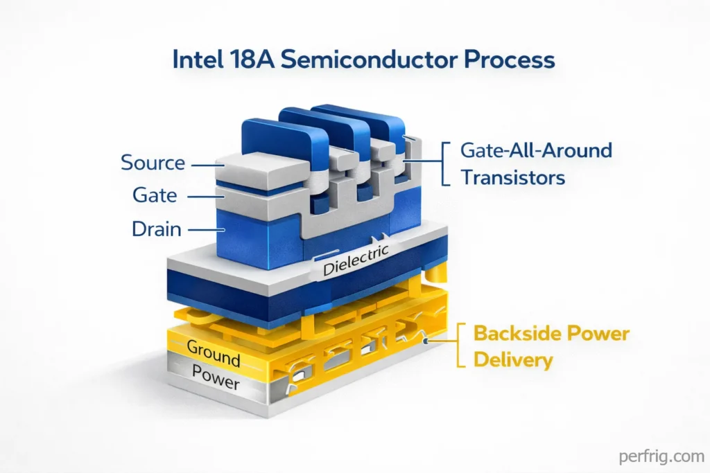 Technical diagram showing Intel 18A process innovations including gate-all-around transistors and backside power delivery