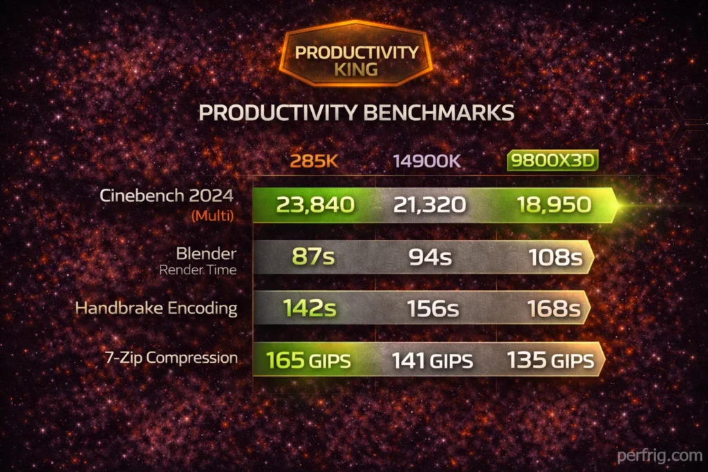 Productivity benchmarks showing Core Ultra 9 285K dominating Cinebench, Blender, and encoding
