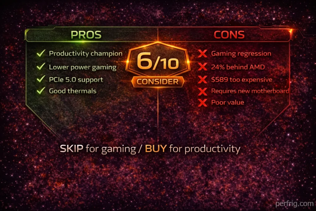 Intel Core Ultra 9 285K review verdict showing 6/10 rating with pros and cons analysis