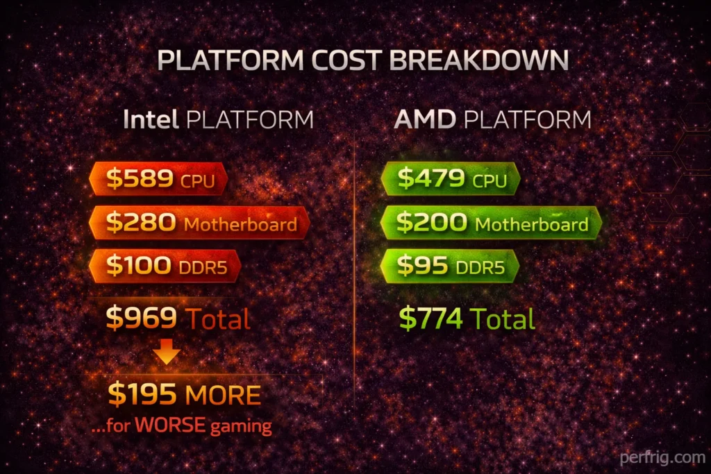 Platform cost comparison showing Intel 285K system costs $195 more than AMD 9800X3D