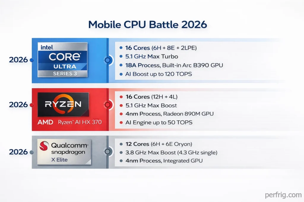 Comparison timeline showing Intel Core Ultra Series 3 competing against AMD Ryzen AI HX 370 and Qualcomm Snapdragon X Elite