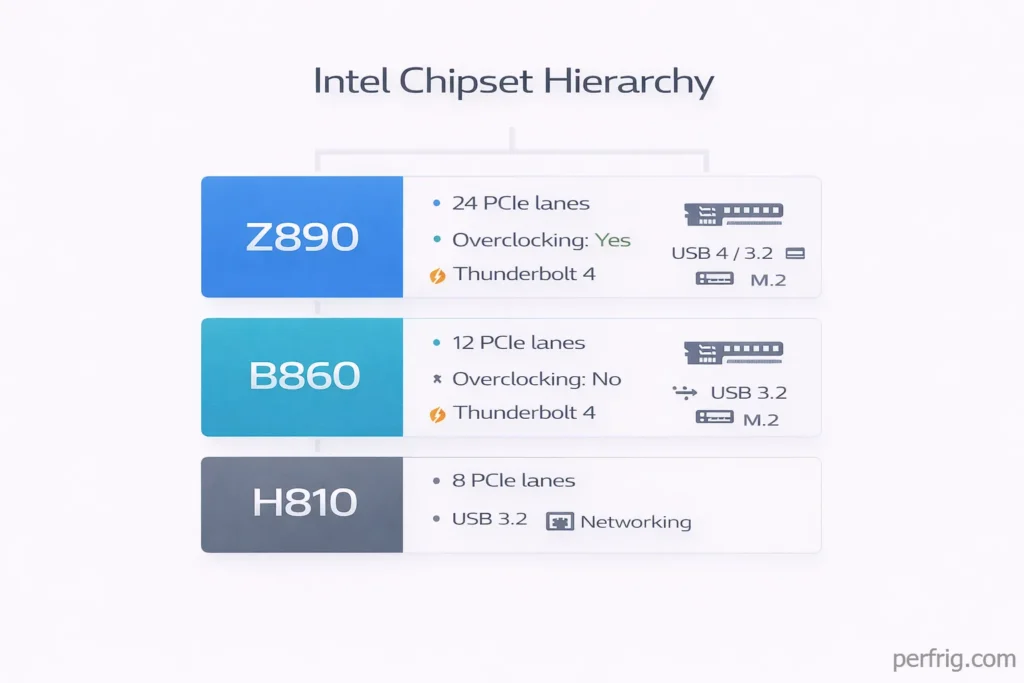 Intel chipset hierarchy showing Z890, B860, and H810 differences with PCIe lanes and features