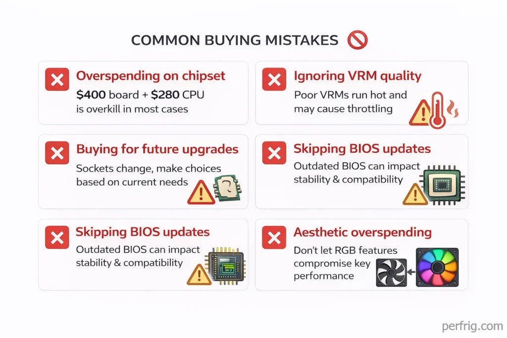 Common motherboard buying mistakes including chipset overspending and ignoring VRM quality