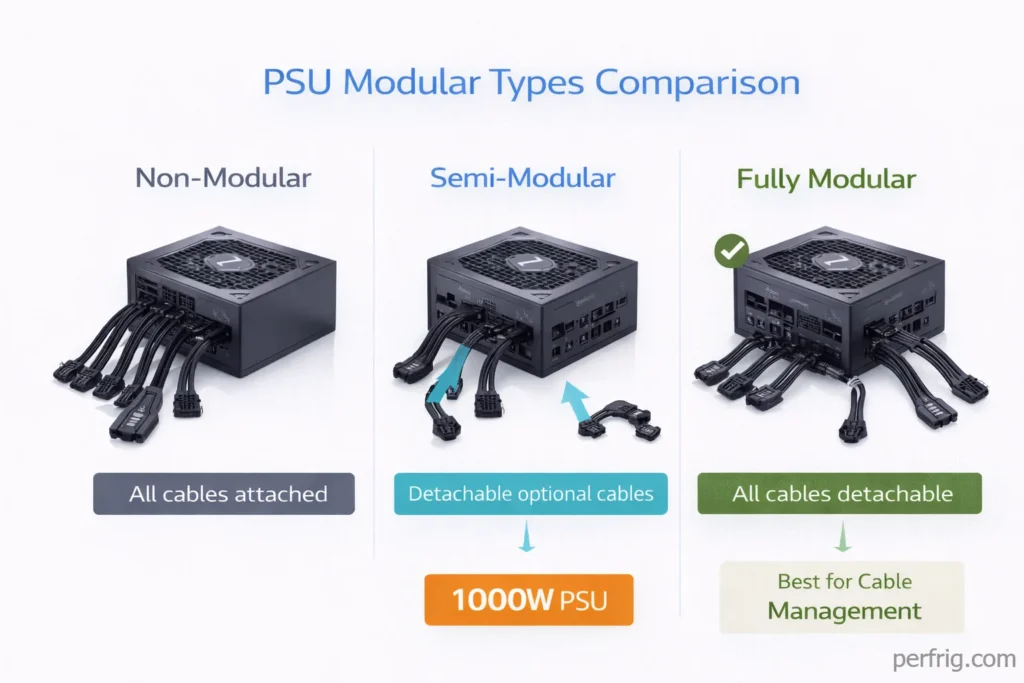 PSU modular types comparison showing non-modular, semi-modular, and fully modular designs