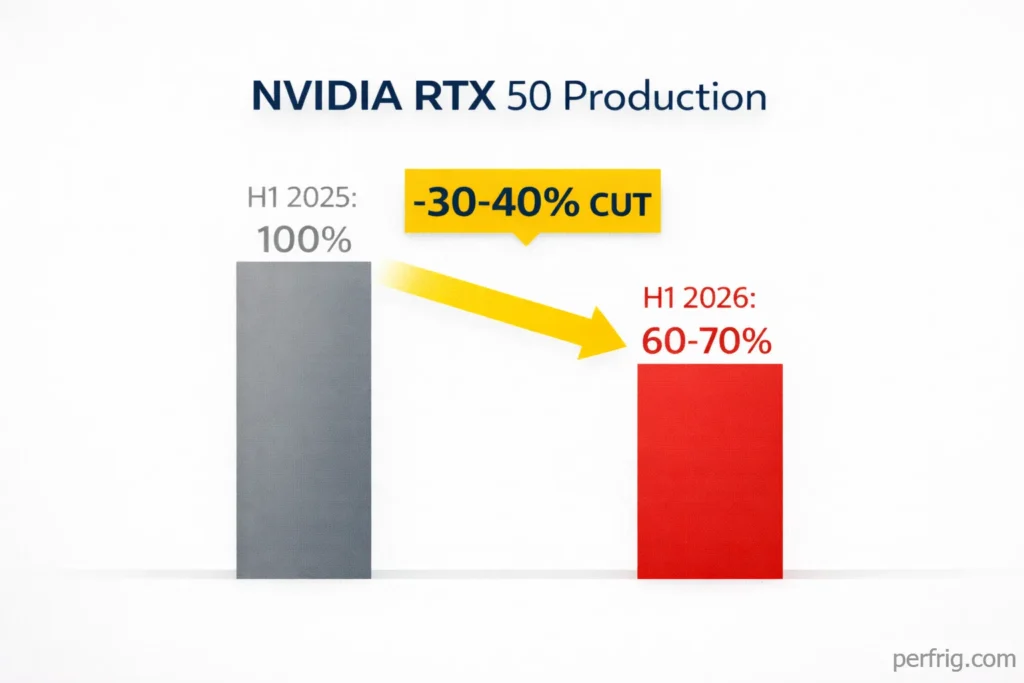 Bar chart comparing NVIDIA RTX 50 production levels showing 30-40% drop in H1 2026