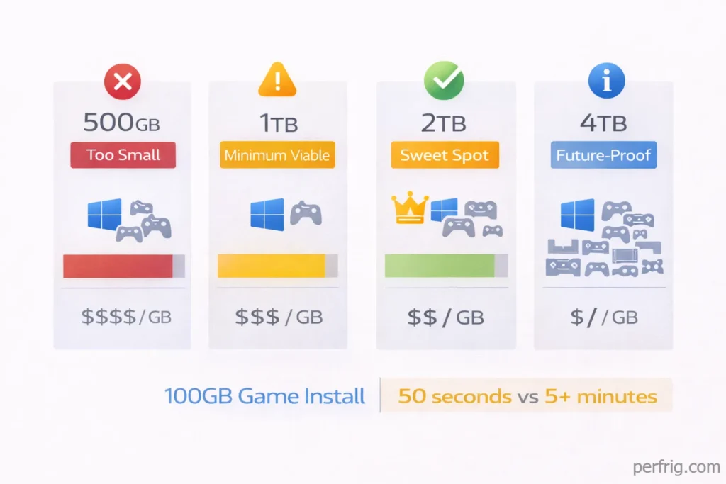 SSD capacity recommendations showing 2TB as sweet spot for gaming storage in 2026