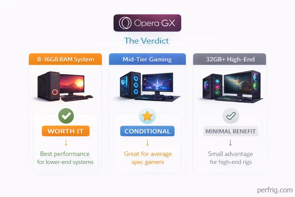 Opera GX verdict matrix showing which gamers benefit based on RAM: 8-16GB worth it, mid-tier conditional, 32GB+ minimal benefit