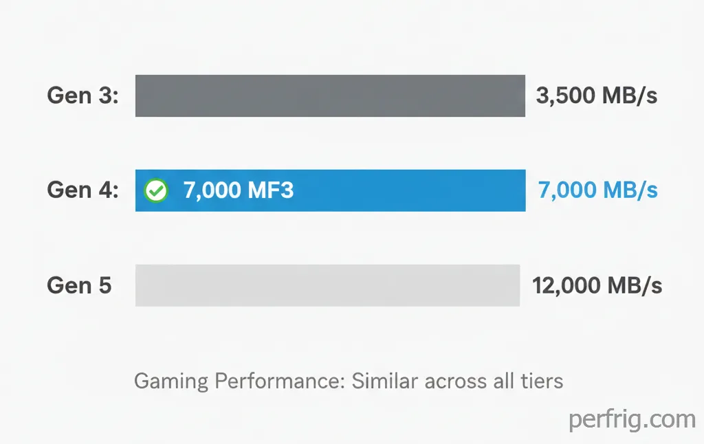 PCIe generations comparison showing Gen 3, Gen 4, and Gen 5 NVMe speeds with Gen 4 as recommended choice