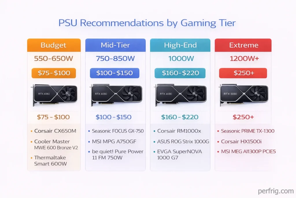 PSU wattage recommendations by gaming tier from budget 550W to extreme 1200W builds