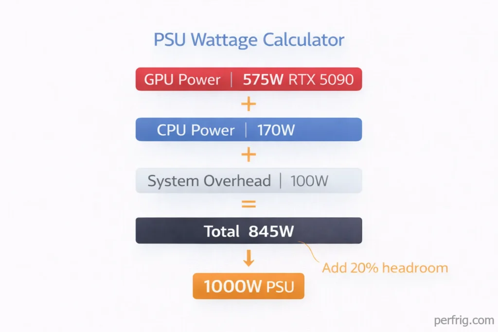 PSU wattage calculator showing GPU plus CPU plus overhead equals total power requirement