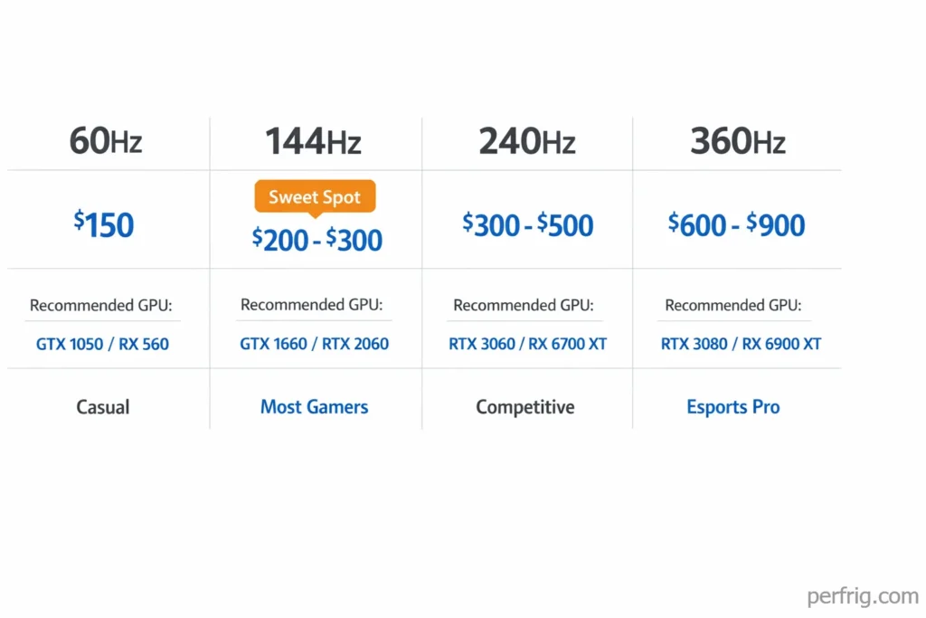 Refresh rate comparison table showing 60Hz, 144Hz, 240Hz, and 360Hz specifications with pricing and target audiences