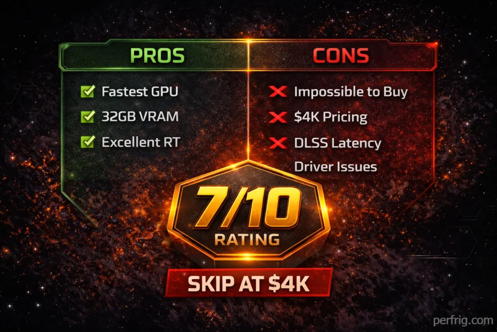 RTX 5090 review verdict showing 7/10 rating with pros/cons breakdown and skip recommendation at current pricing