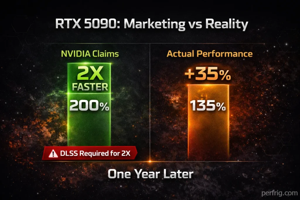Comparison showing NVIDIA's 2X performance claims versus actual 35% real-world gains without DLSS