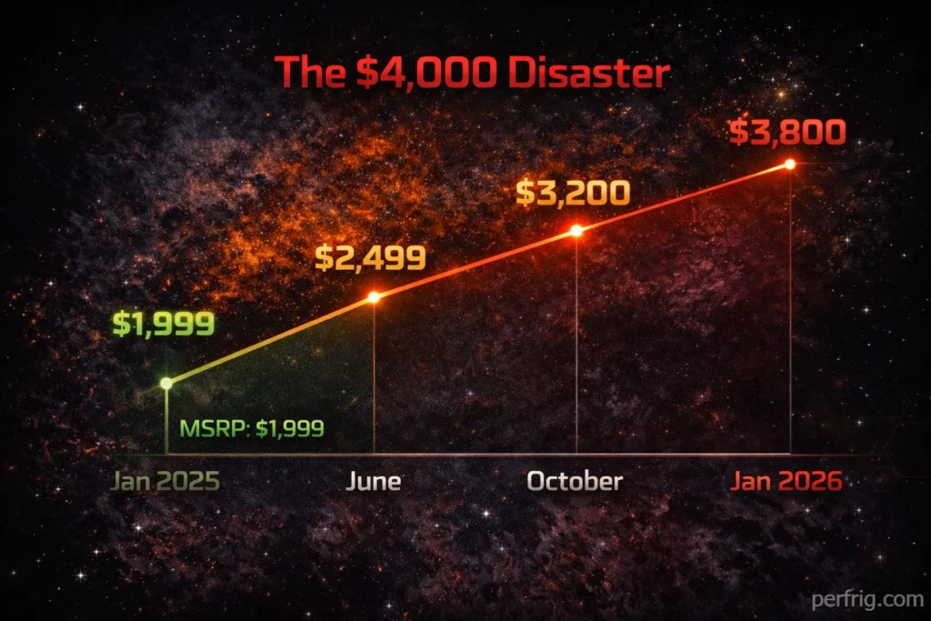 Timeline showing RTX 5090 price doubling from $1,999 MSRP to $4,000 actual retail pricing over one year