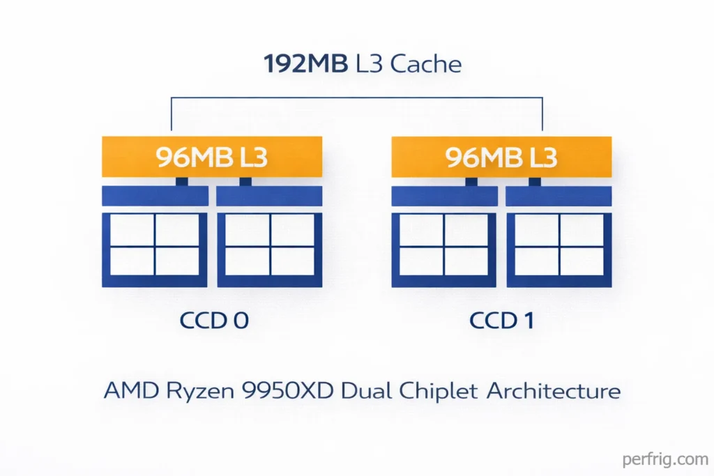 Ryzen 9 9950X3D dual chiplet architecture showing 96MB 3D V-Cache on each CCD for 192MB total