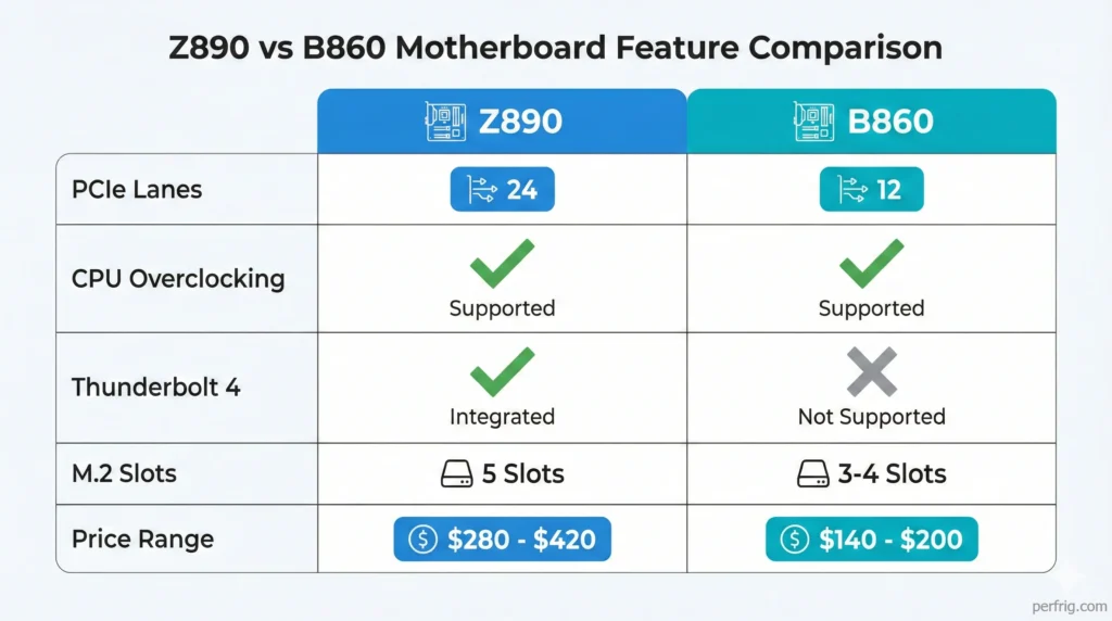 Detailed Z890 vs B860 feature comparison showing overclocking, PCIe lanes, and connectivity differences