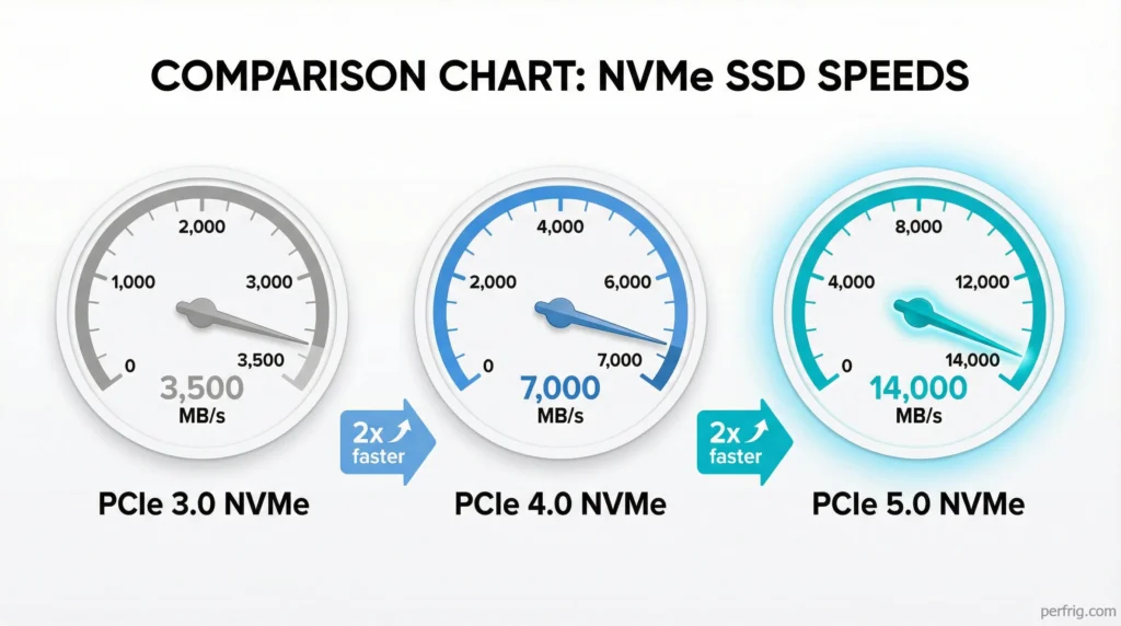 Three speedometer gauges showing NVMe SSD speeds: PCIe 3.0 at 3,500 MB/s, PCIe 4.0 at 7,000 MB/s, and PCIe 5.0 at 14,000 MB/s
