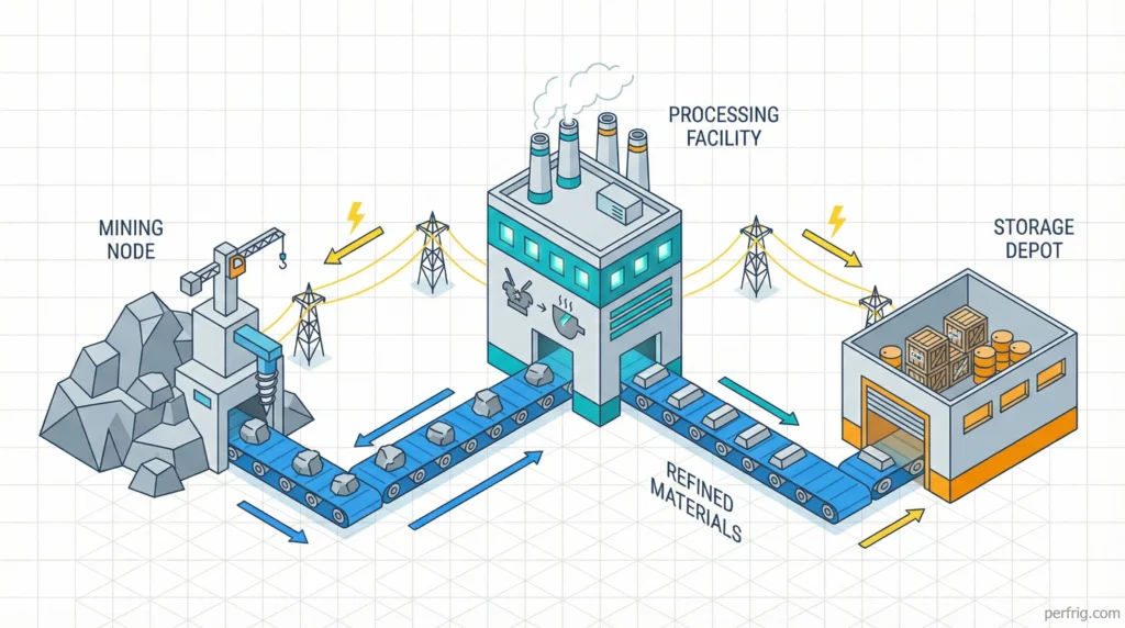 Visual guide showing how factory automation works from mining to storage in Arknights Endfield