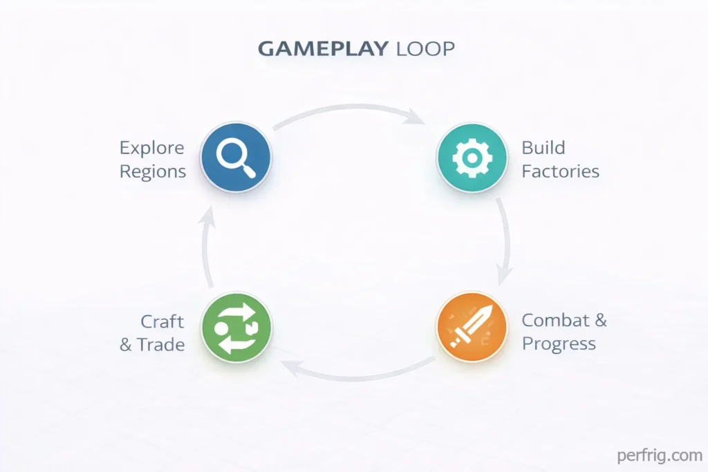 Diagram showing the interconnected gameplay loop of exploration, factory building, combat, and trading