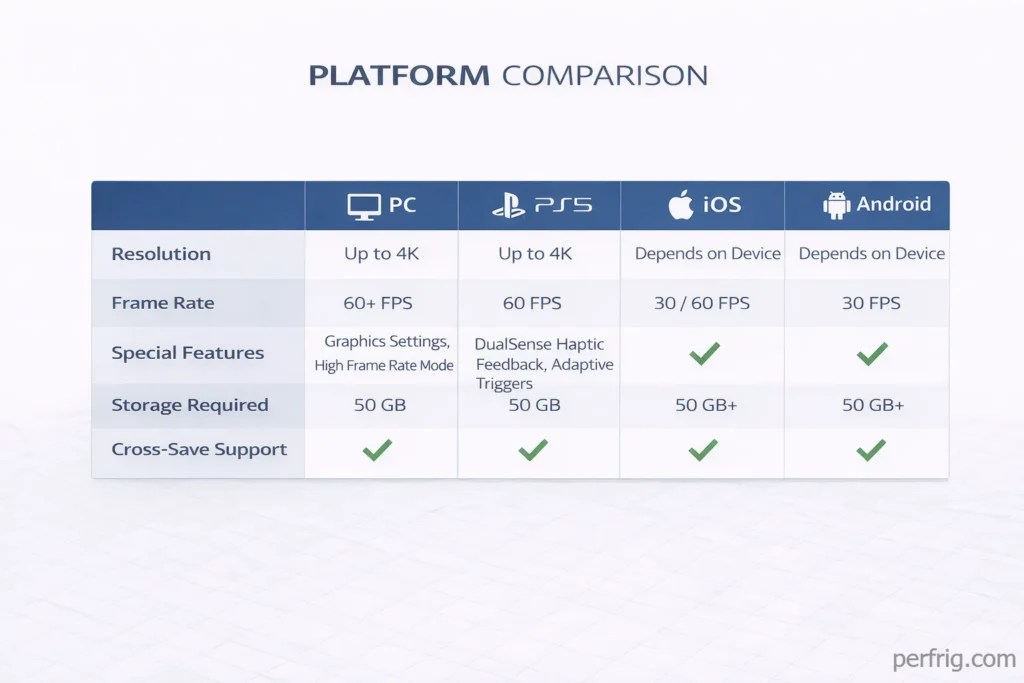 Comparison chart of Arknights Endfield features and requirements across PC, PS5, iOS, and Android