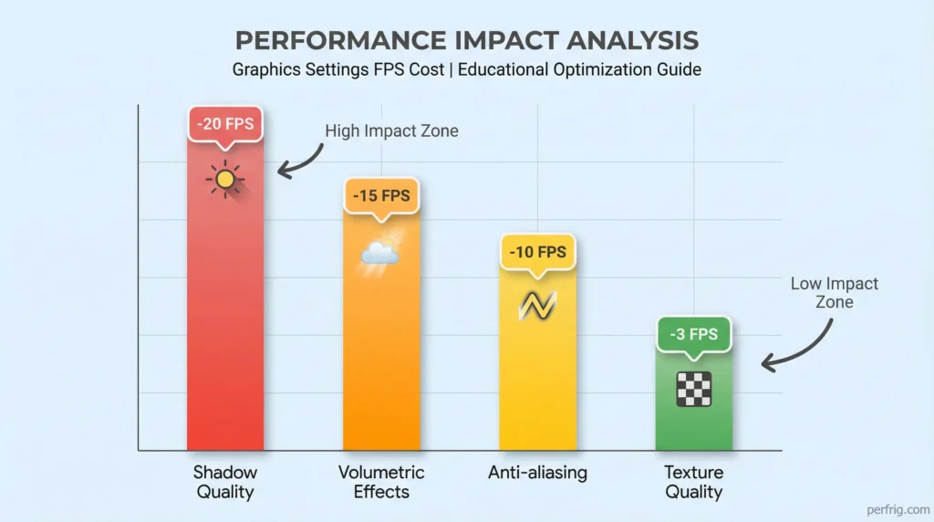 Performance impact chart showing FPS cost of different graphics settings in Arknights Endfield: shadows (-20 FPS), volumetric effects (-15 FPS), anti-aliasing (-10 FPS), and textures (-3 FPS)