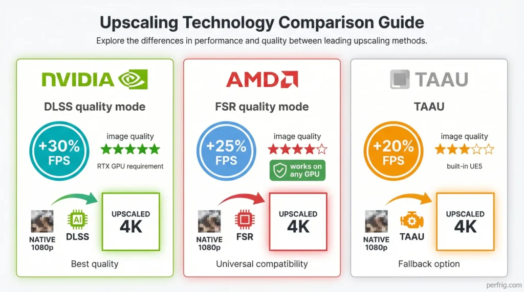 Side-by-side comparison of upscaling technologies for Arknights Endfield: NVIDIA DLSS (30% FPS gain, 5-star quality, RTX only), AMD FSR (25% FPS gain, 4-star quality, universal), and TAAU (20% FPS gain, 3-star quality, built-in)