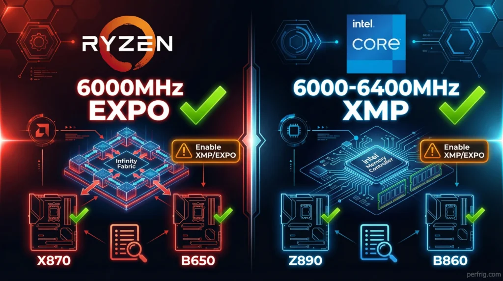 DDR5 RAM platform compatibility showing AMD AM5 requiring 6000MHz EXPO and Intel platforms supporting 6000-6400MHz XMP