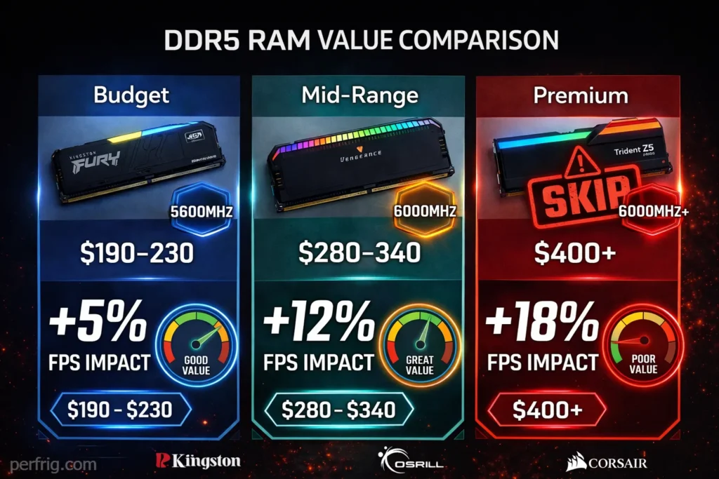 DDR5 RAM value comparison showing budget tier at $190-230, mid-range at $280-340, and premium tier at $400+ with performance impact analysis