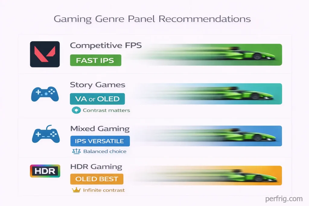 Gaming monitor panel recommendations by genre: Fast IPS for competitive, VA/OLED for story games, IPS for mixed